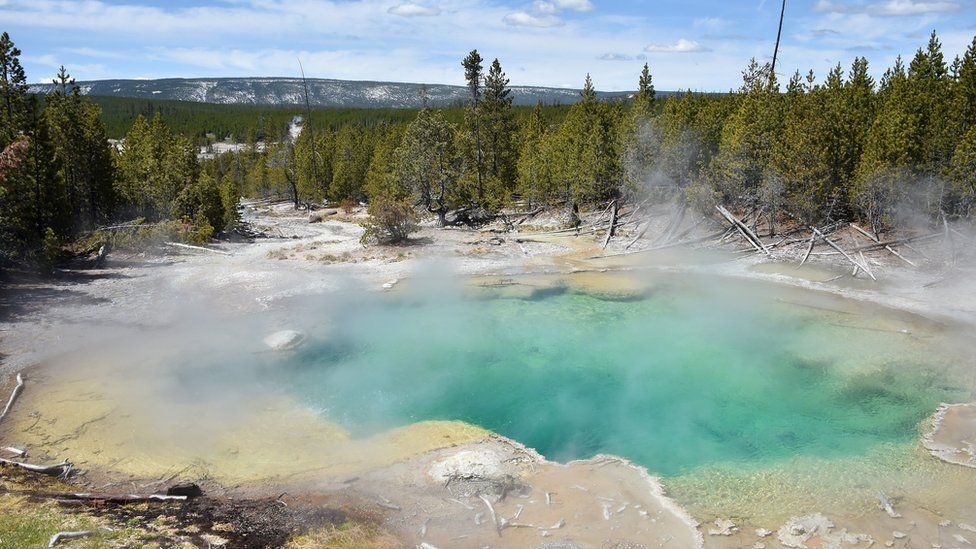 A view of a hot spring at the Norris Geyser Basin at Yellowstone National Park on May 12, 2016