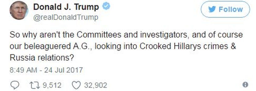 "So why aren't the Committees and investigators, and of course our beleaguered A.G., looking into Crooked Hillarys crimes & Russia relations?"