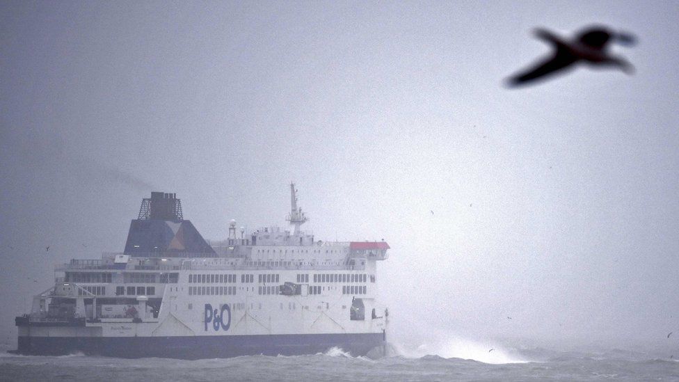 A P&O passenger ferry leaves the Port of Dover in Dover, south east England, bound for France.