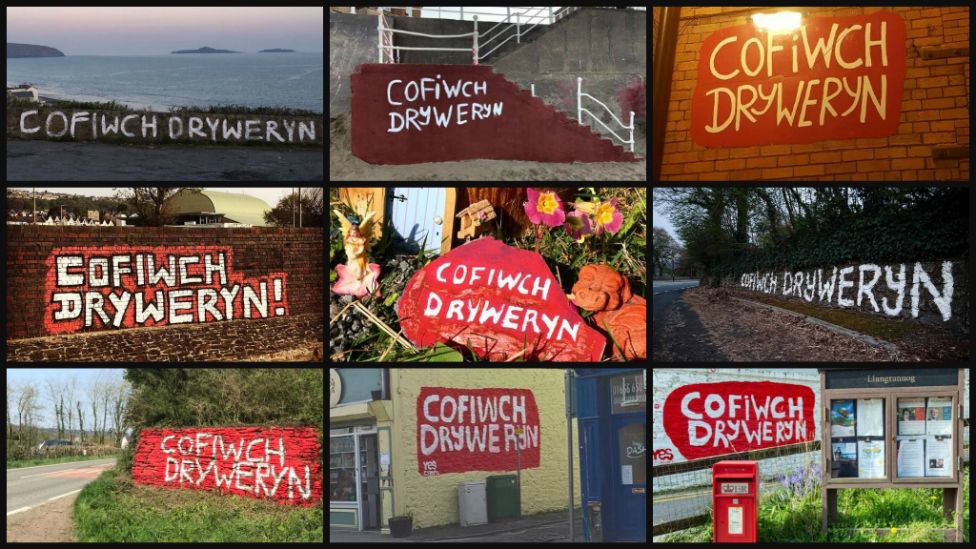 Lluniau o'r slogan Cofiwch Dryweryn sydd wedi eu paentio ar hyd a lled Cymru