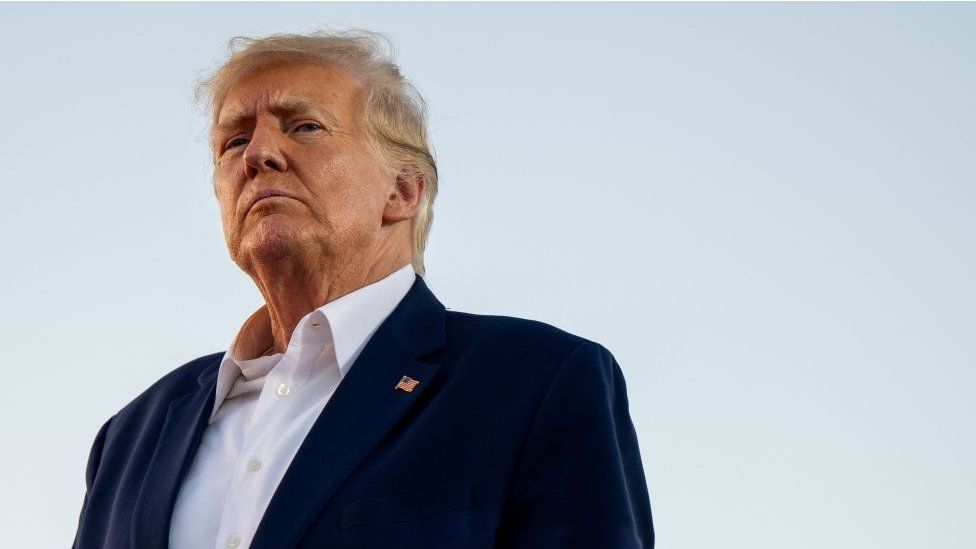 Former U.S. President Donald Trump looks on during a rally at the Waco Regional Airport on March 25, 2023 in Waco, Texas. Former U.S. president Donald Trump attended and spoke at his first rally since announcing his 2024 presidential campaign.