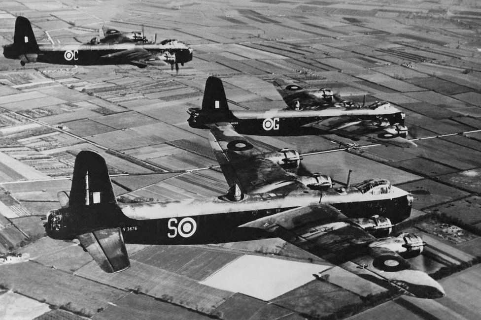 Short Stirling planes flying over over Cambridgeshire, April 1942