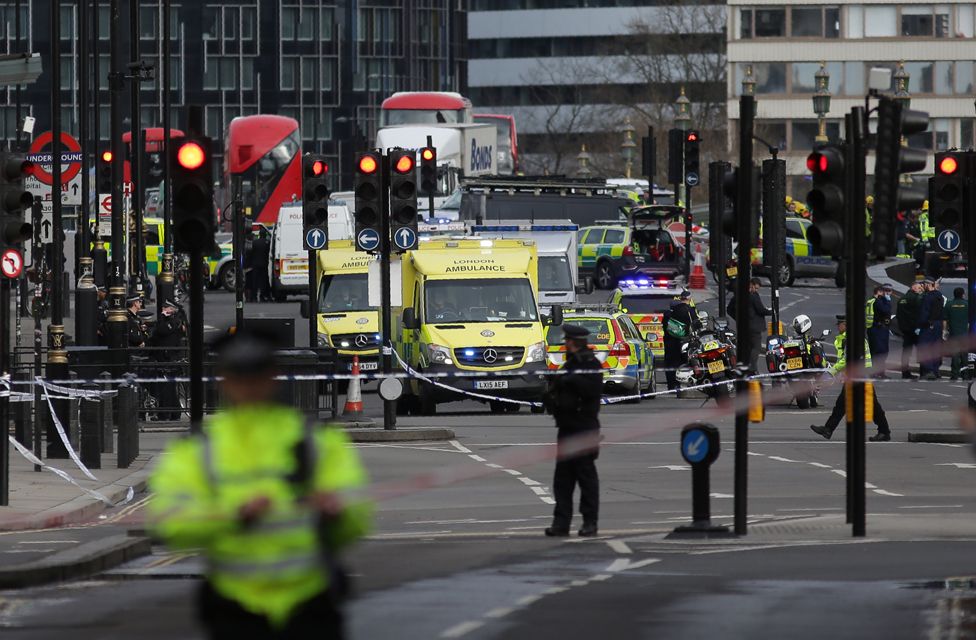 Emergency vehicles on Westminster Bridge following the terror attack