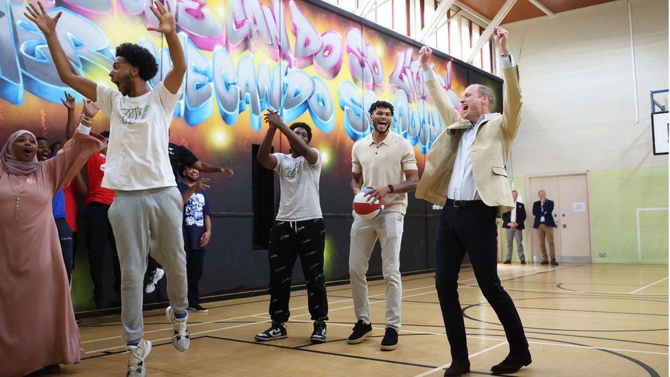 Prince William plays basketball at a youth project, in Sheffield
