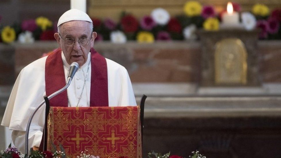 Pope Francis at the basilica of St Bartholomew