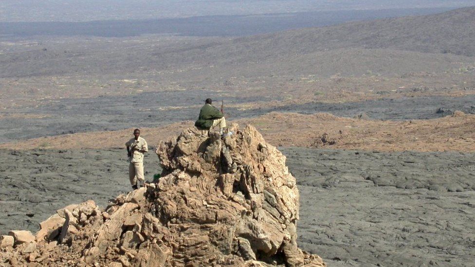 Afar police standing guard on the slopes of the Erta Ale volcano in the Afar region of East Africa in 2005