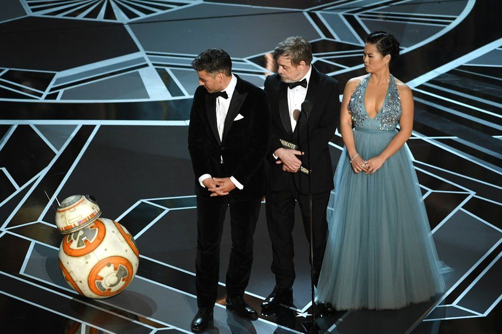 Star Wars robot BB-8 with actors Oscar Isaac, Mark Hamill and Kelly Marie Tran