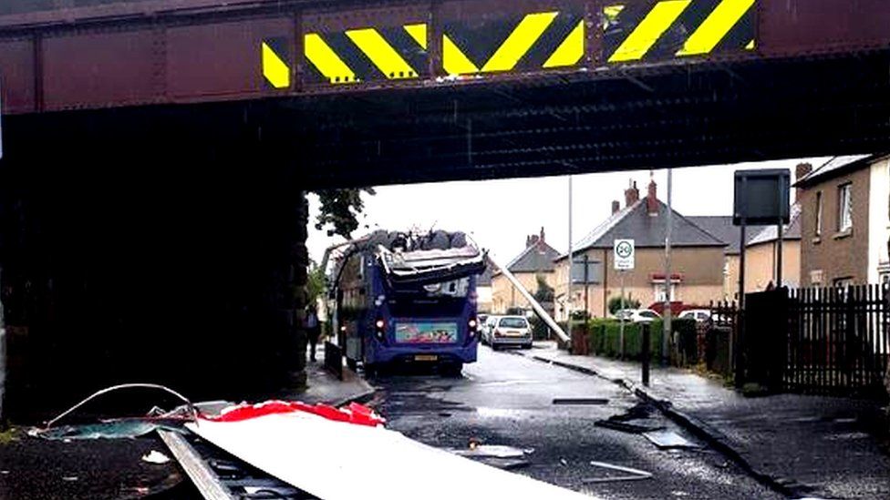 Bus with roof ripped off