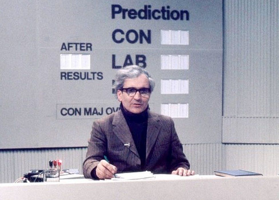 David Butler rehearsing for the February 1974 general election results broadcast