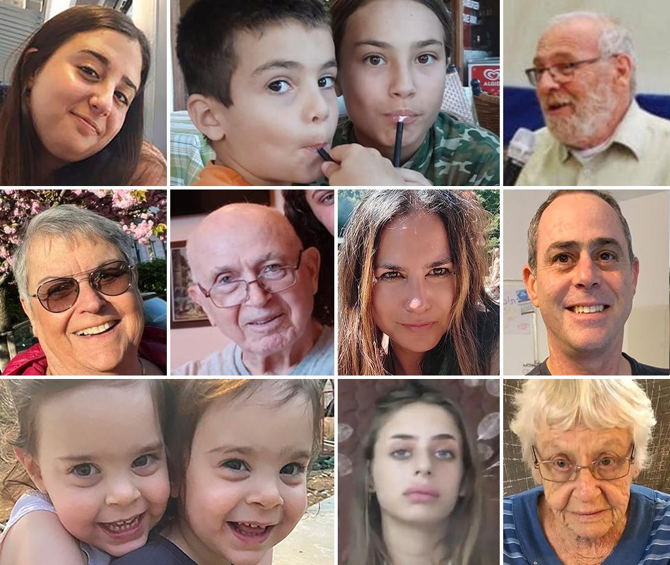 Composite image showing people abducted by Hamas, L-R from the top: Roni Eshel, Erez and Sahar Kalderon, Alex Danzig, Ada Sagi, Amiram Cooper, Dafna Garcovich, Tsachi Idan, Ditza Heiman, Jordan Roman-Gat, Emma and Julie Alony Cunio