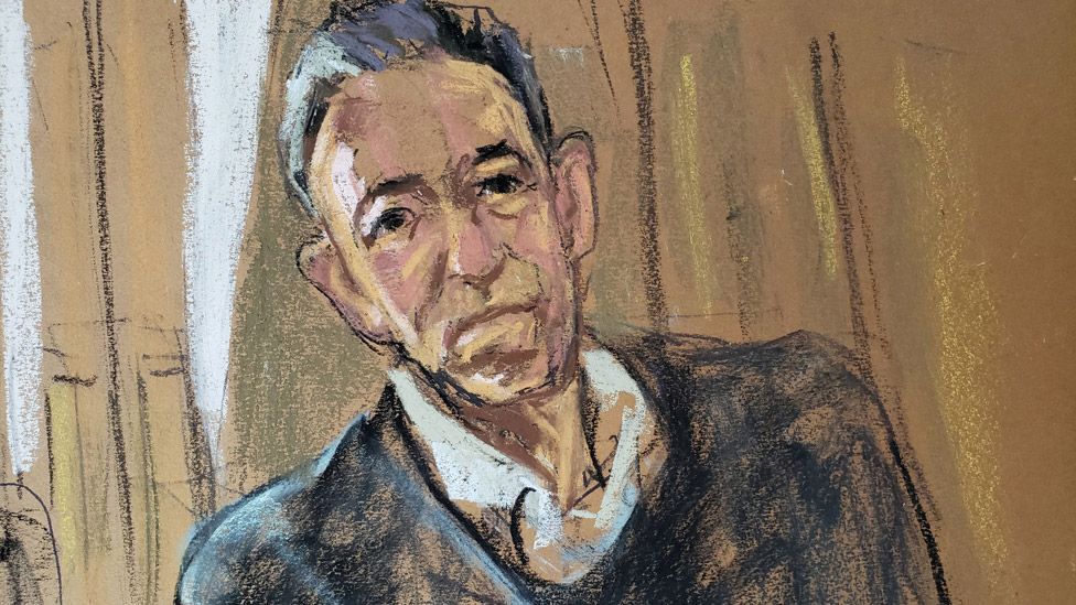 Court artist's depiction of Bruce Springsteen at the online hearing