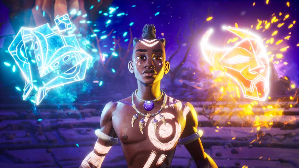 A computer-generated image of a young black man who wears a tribal necklace and has white markings painted on his body. To either side of him, two floating, glowing shapes - a yellow one that slightly resembles a lion and a blue one that resembles a snake head - cast a powerful, magical light on his body.