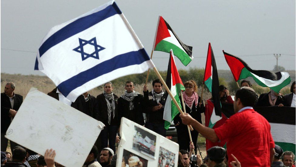 Демонстранты размахивают израильским и палестинским флагами (архивное фото)