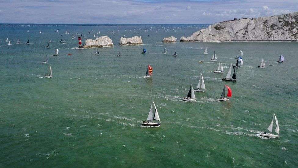 Boats off the Needles during the Round the Isle of Wight Boat Race
