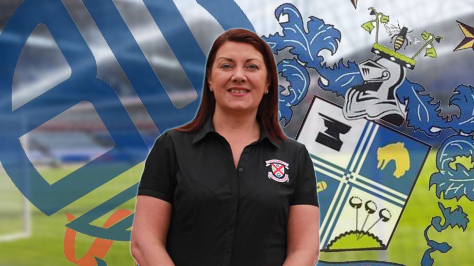 Grace McGibbon, Clydebank FC chairman, with Bolton and Bury badges