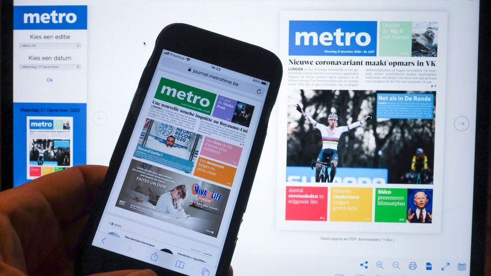 Picture shows the free daily newspaper Metro, Monday 21 December 2020 in Brussels. Media group Rossel announced that they will take over the commuters newspaper