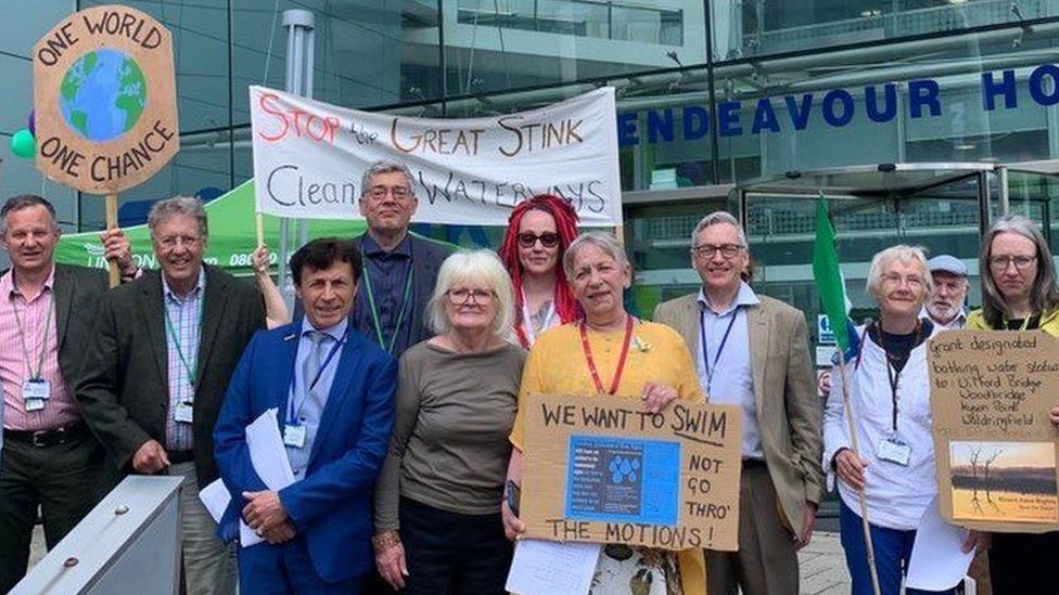 Members of the Green, Liberal Democrat and Independent group demonstrated outside Endeavour House over river pollution, in Ipswich Suffolk