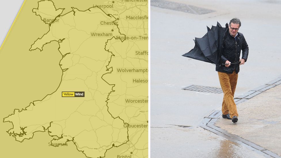 Weather graphic showing yellow warning affecting whole country