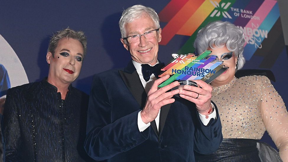 Julian Clary, Paul O'Grady and Victoria Scone attend the Rainbow Honours at 8 Northumberland Avenue on June 01, 2022 in London, England