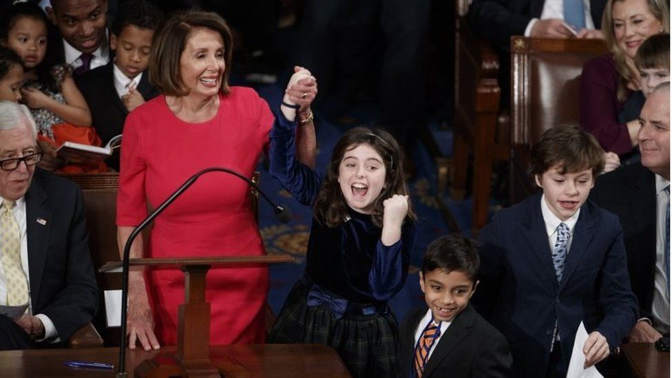 Nancy Pelosi reacts after casting her vote for herself as Speaker of the House, during the opening session of the 116th Congress in the US Capitol in Washington.
