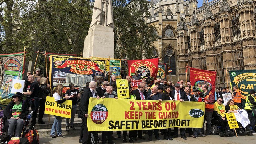 RMT members are protesting outside Westminster