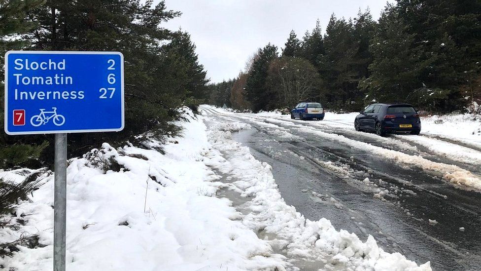 Snow on road in Highlands