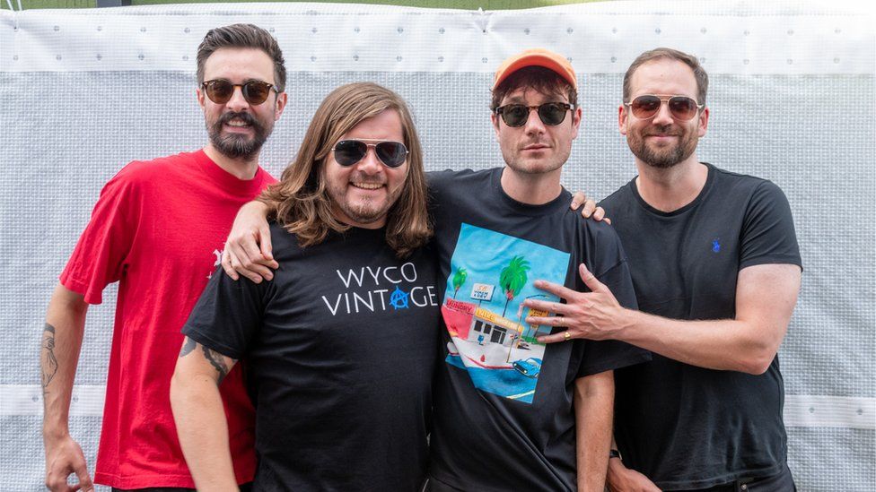 Kyle Simmons, Chris Wood, Dan Smith and Will Farquarson of Bastille backstage at Reading Festival last month