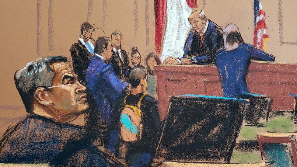 Honduras ex-President Juan Orlando Hernandez attends his trial on U.S. drug trafficking charges in federal court in the Manhattan borough of New York City, U.S., February 20, 2024 in this courtroom sketch.
