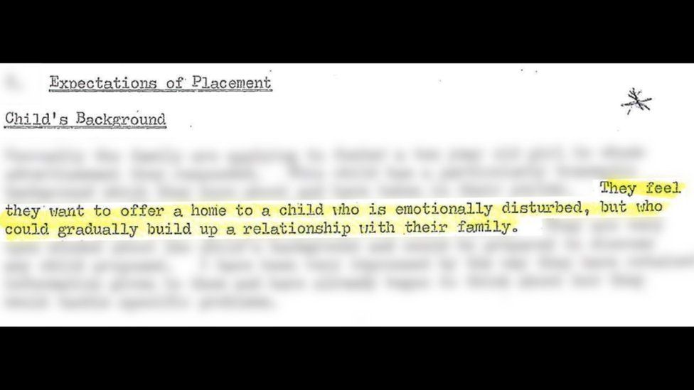 An extract from an adoption form that reads: "They feel they want to offer a home to a child who is emotionally disturbed, but who could gradually build up a relationship with their family".