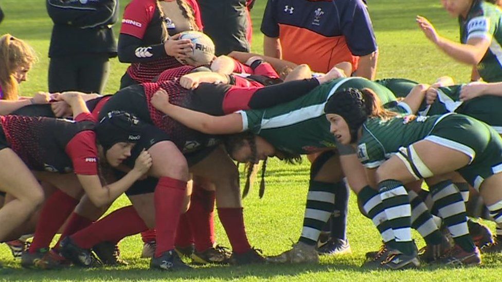 A game of women's rugby at Swansea University
