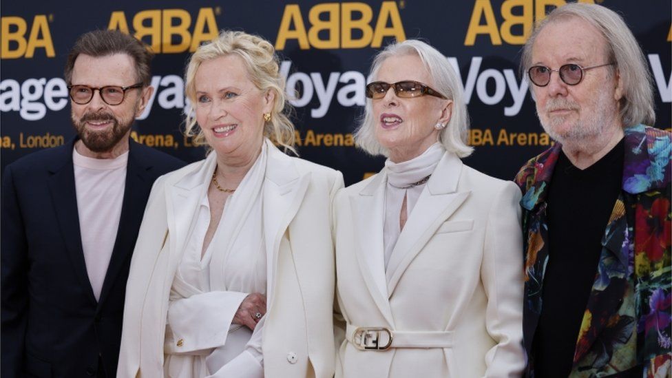 Bjorn Ulvaeus, Agnetha Faltskog, Anni-Frid Lyngstad and Benny Andersson on the red carpet for the opening performance of the ABBA Voyage show