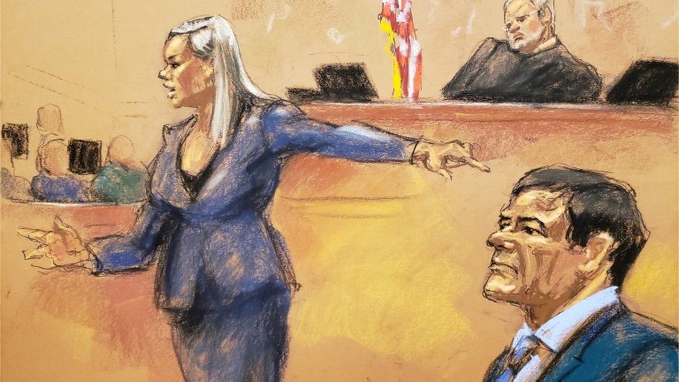 Assistant U.S. Attorney Amanda Liskamm points at the accused Mexican drug lord Joaquin "El Chapo" Guzman (R) while delivering rebuttal during the trial of Guzman in this courtroom sketch in Brooklyn federal court in New York City
