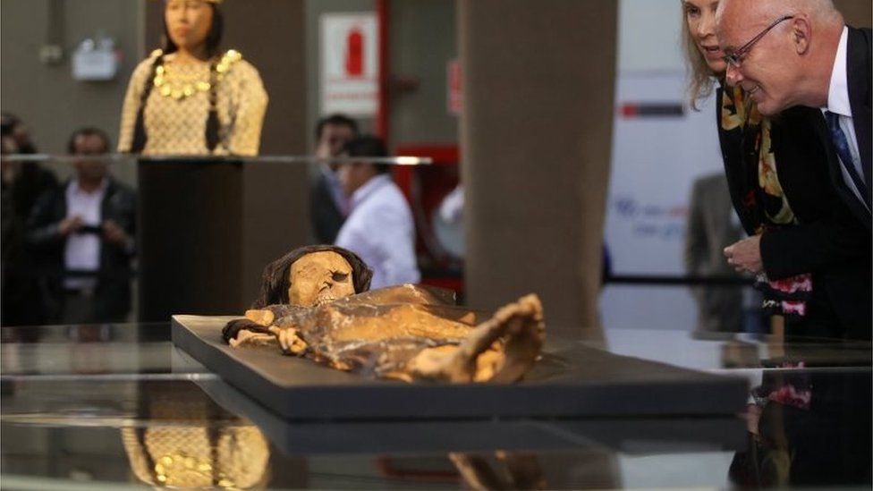 The Lady of Cao, a female mummy found at the archaeological site Huaca El Brujo, a grand pyramid of the ancient Moche pre-hispanic culture, at the Ministry of Culture in Lima, Peru July 4, 2017