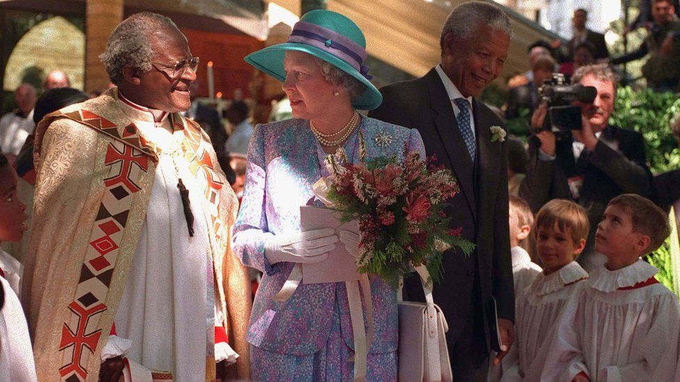 The Queen With Archbishop Desmond Tutu And President Nelson Mandela In South Africa