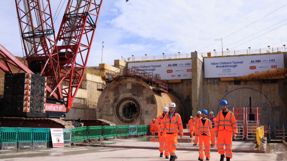 HS2 workers near the site where tunnel-boring machine Cecilia is