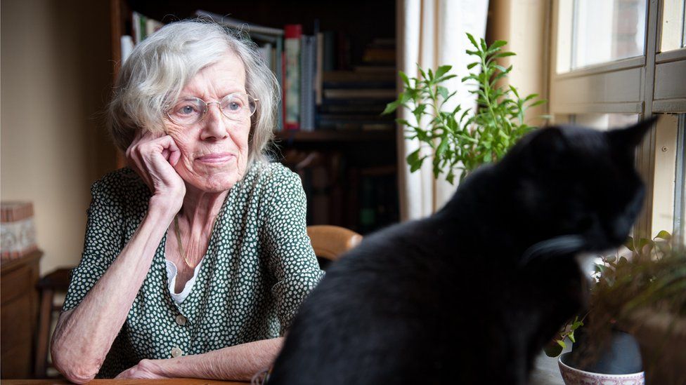 Пожилая женщина смотрит на своего кота