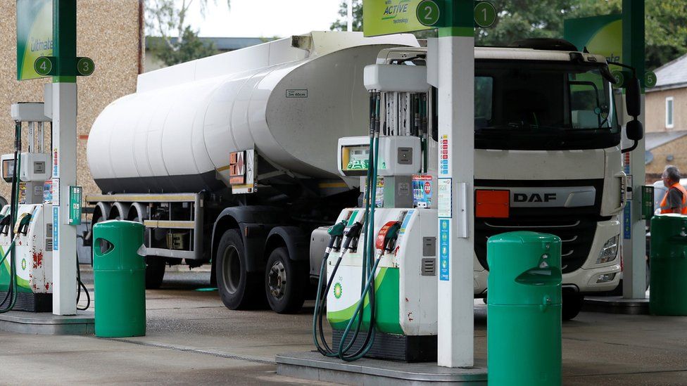 A fuel tanker parked at a BP filling station in Hersham