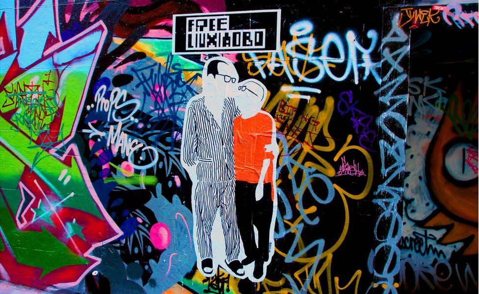 Street art showing Liu Xiaobo and Liu Xia in Melbourne