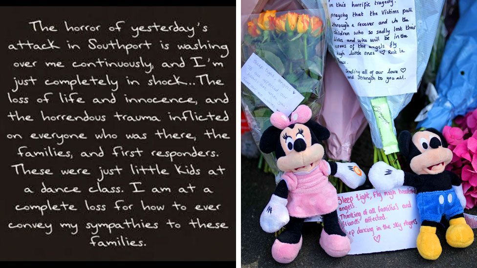 A composite of a message about the Southport attack from Taylor Swift and cuddly toys left at the scene in tribute