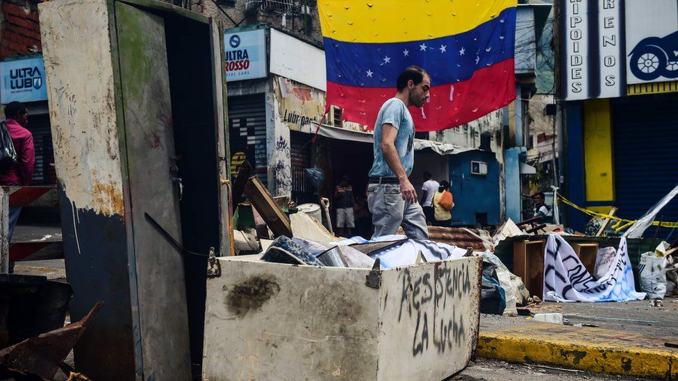 A barricade set up by activists during a protest called by the opposition, in Caracas on July 29, 2017