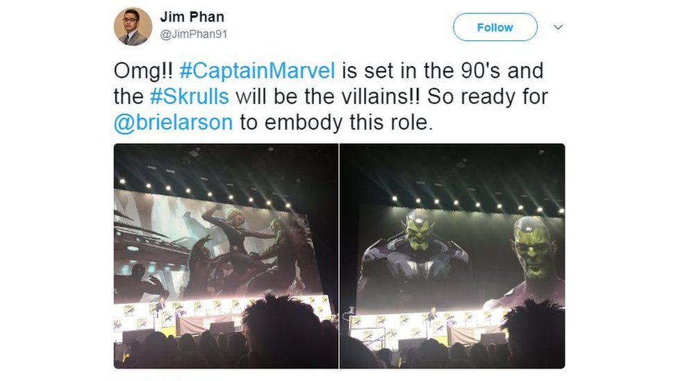 Tweet: OMG! Captain Marvel is set in the 90s and the Skrulls will be the villains. SO ready for Brie Larson to embody this role