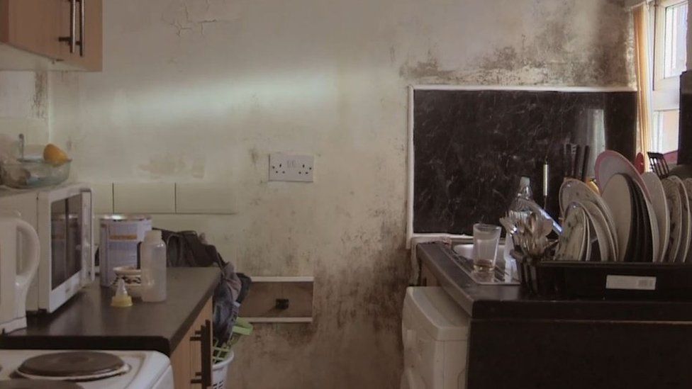 A kitchen with mould on the walls