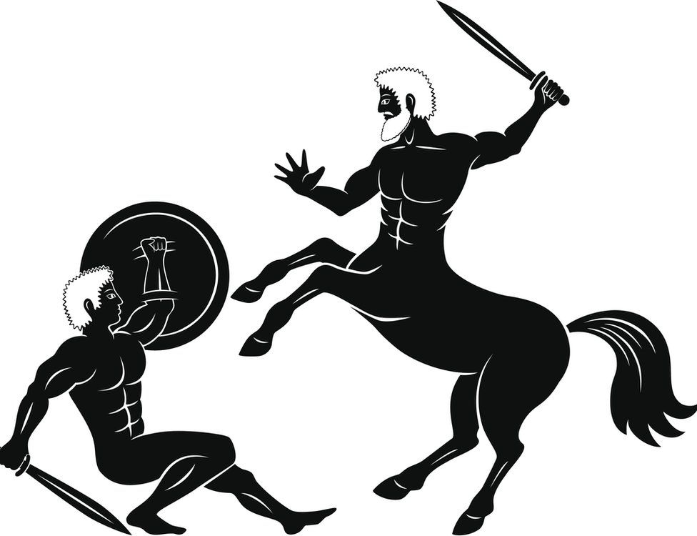 Graphic of centaur fighting warrior