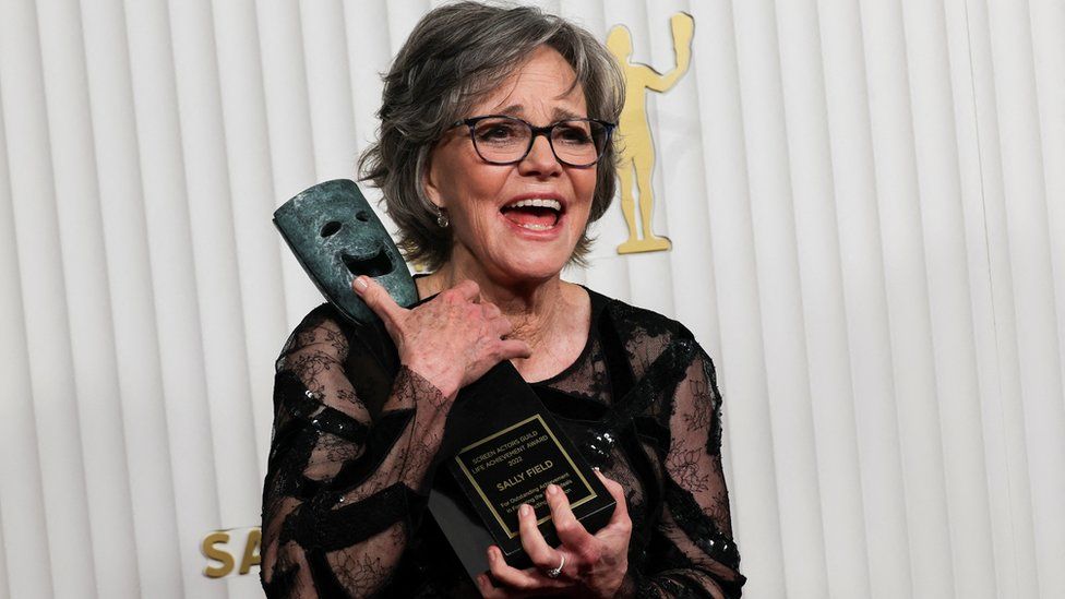 Sally Field poses backstage with the SAG Life Achievement Award during the 29th Screen Actors Guild Awards at the Fairmont Century Plaza Hotel in Los Angeles, California, U.S., February 26, 2023
