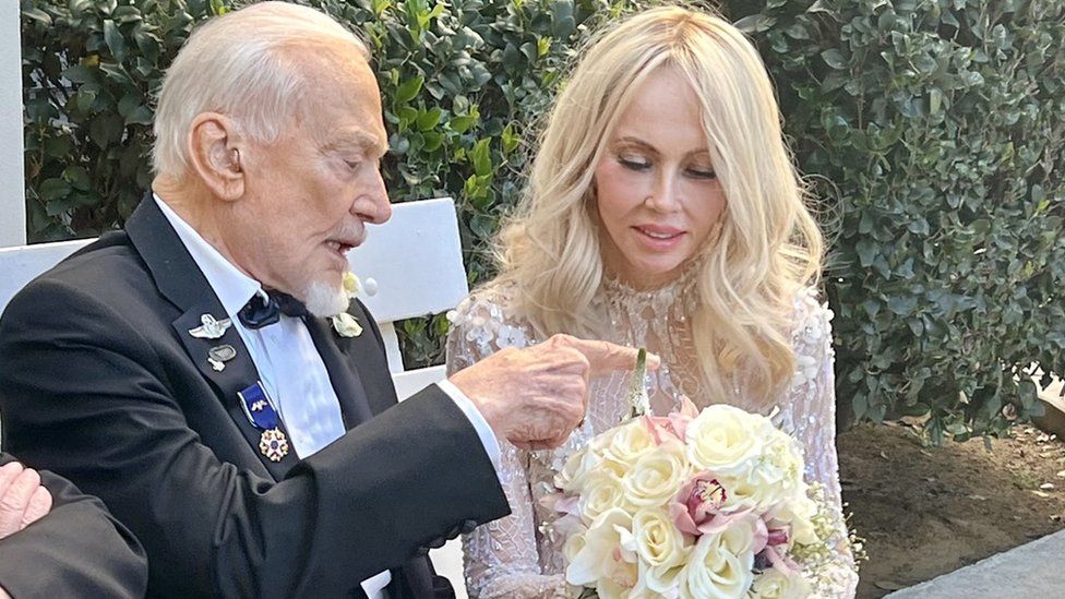 Buzz Aldrin and new wife Dr. Anca Faur at their wedding ceremony in Los Angeles