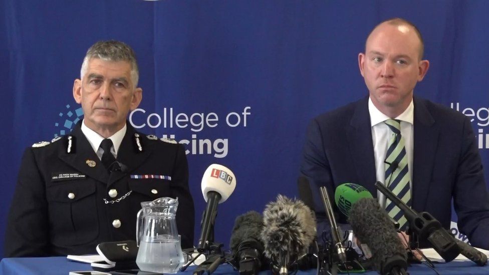 Andy Marsh, chief executive of the College of Policing, left, and police and crime commissioner for Lancashire Andrew Snowden at a press conference in Preston earlier