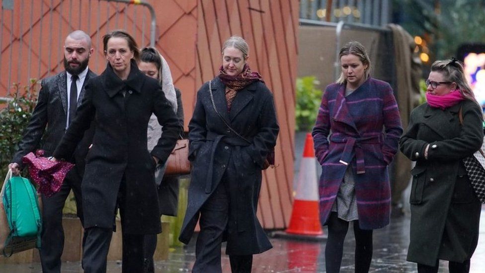 Brianna Ghey's mother Esther Ghey (third right) and sister Alisha Ghey (second right) arriving at Manchester Crown Court,