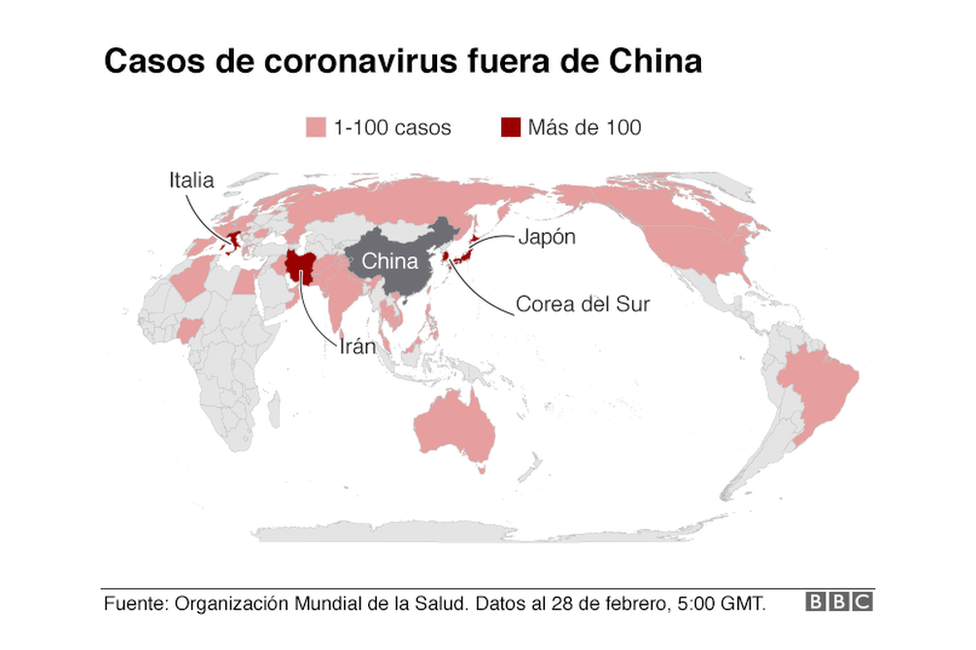Mapa expansión coronavirus a 5GMT 28 de febrero