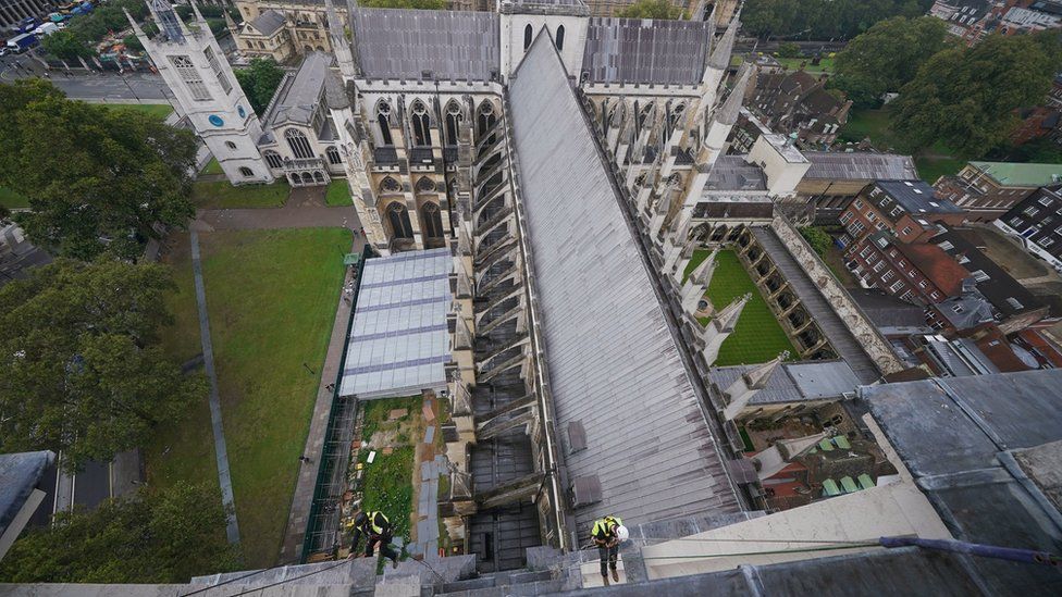 An aerial view of the team abseiling down the West Towers
