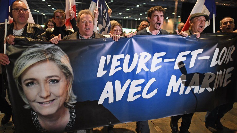 Supporters await Presidential Candidate Marine Le Pen ahead of A rally meeting in Villepinte on 1 May 2017 in Villepinte, France